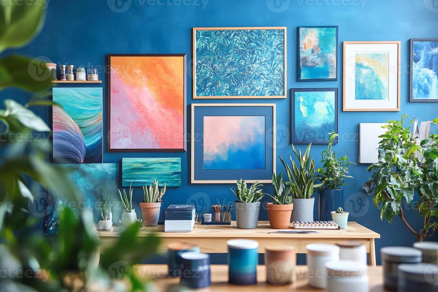 Art studio with paintings on blue wall, table with plants and painting tools photo
