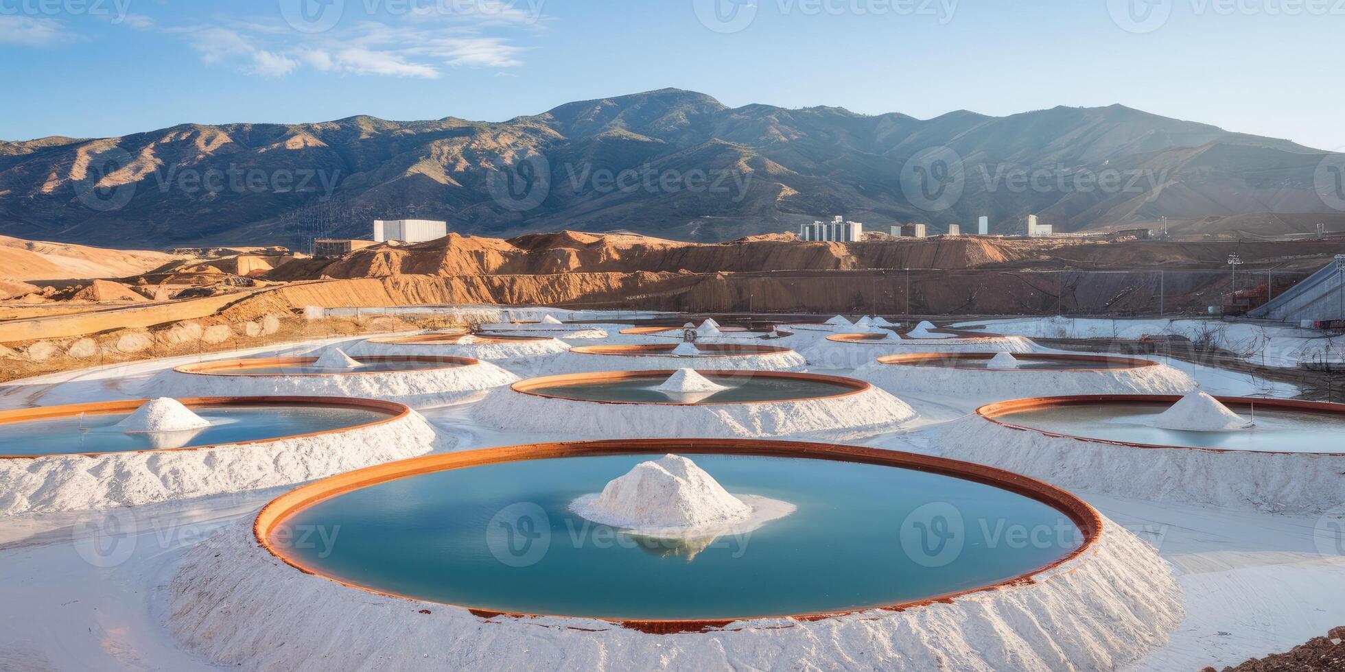 Lithium evaporation ponds for lithium extraction from brine, next to a mining area photo