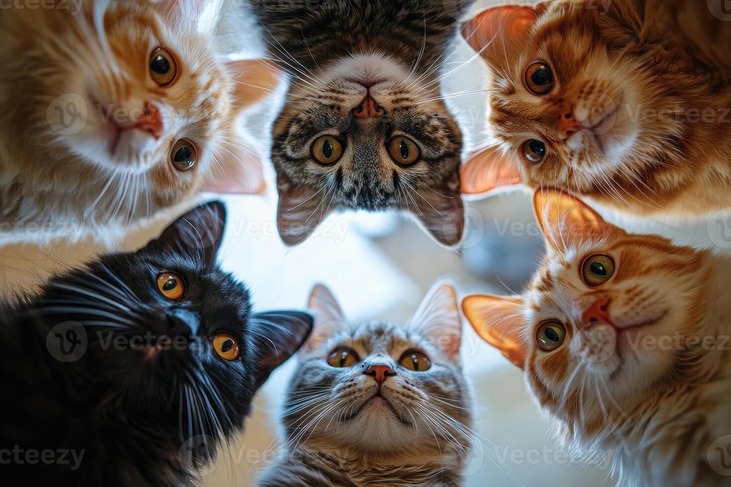 Curious cats looking down at camera in circle formation photo