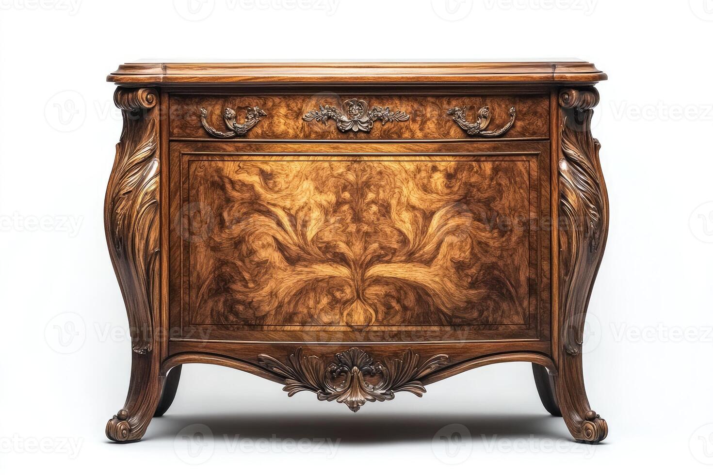 Luxurious antique wooden commode showing fine wood grain and carvings on white background photo