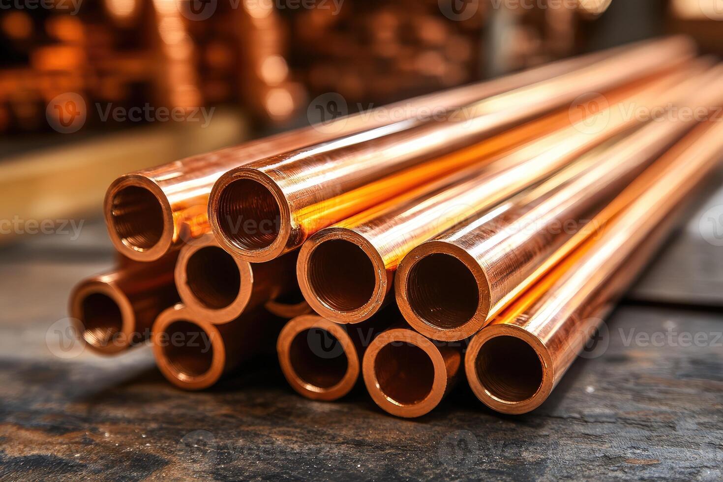 Copper pipes showing inner diameter stacked on workshop table photo