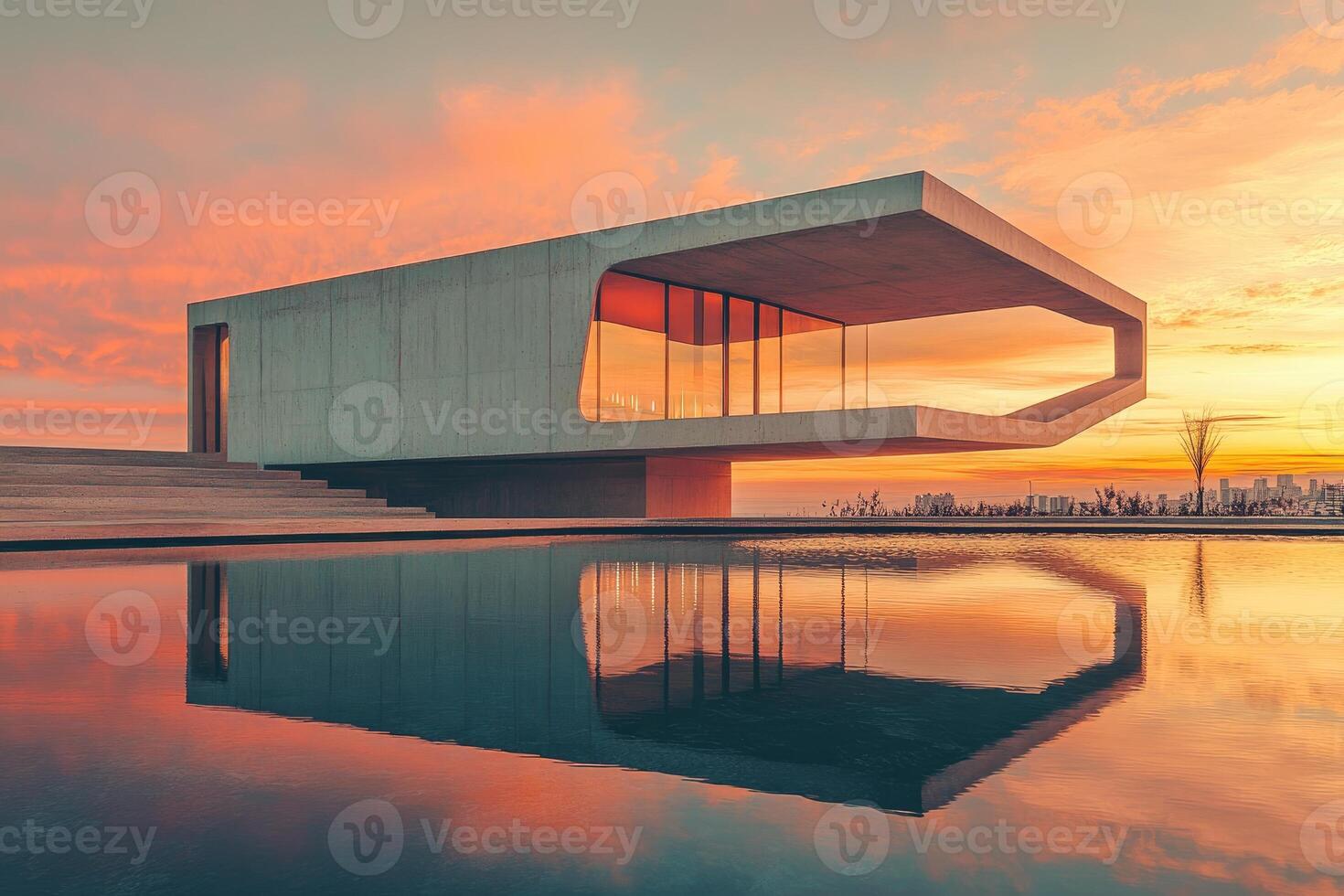 Modern concrete building reflecting in water at sunset photo