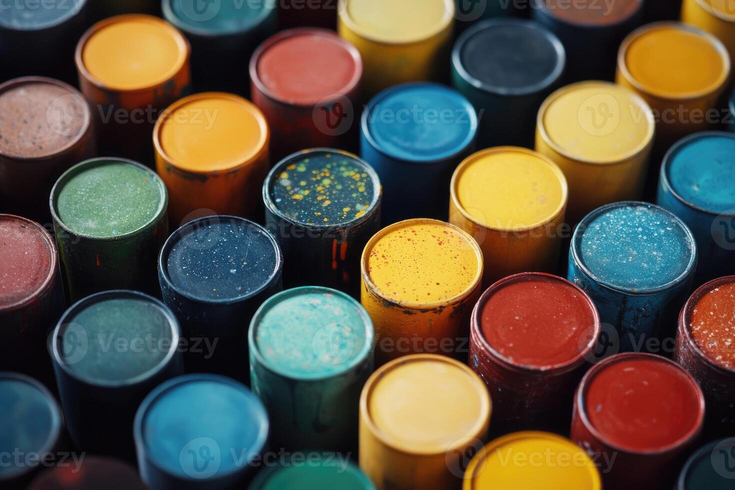Colorful paint cans forming a vibrant and abstract pattern photo