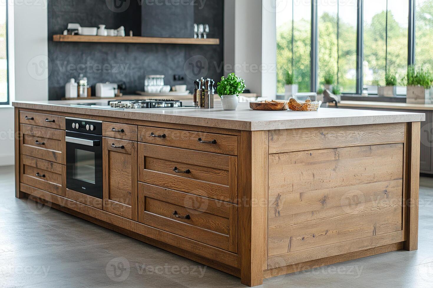 Modern kitchen island featuring wooden cabinets and concrete countertop photo