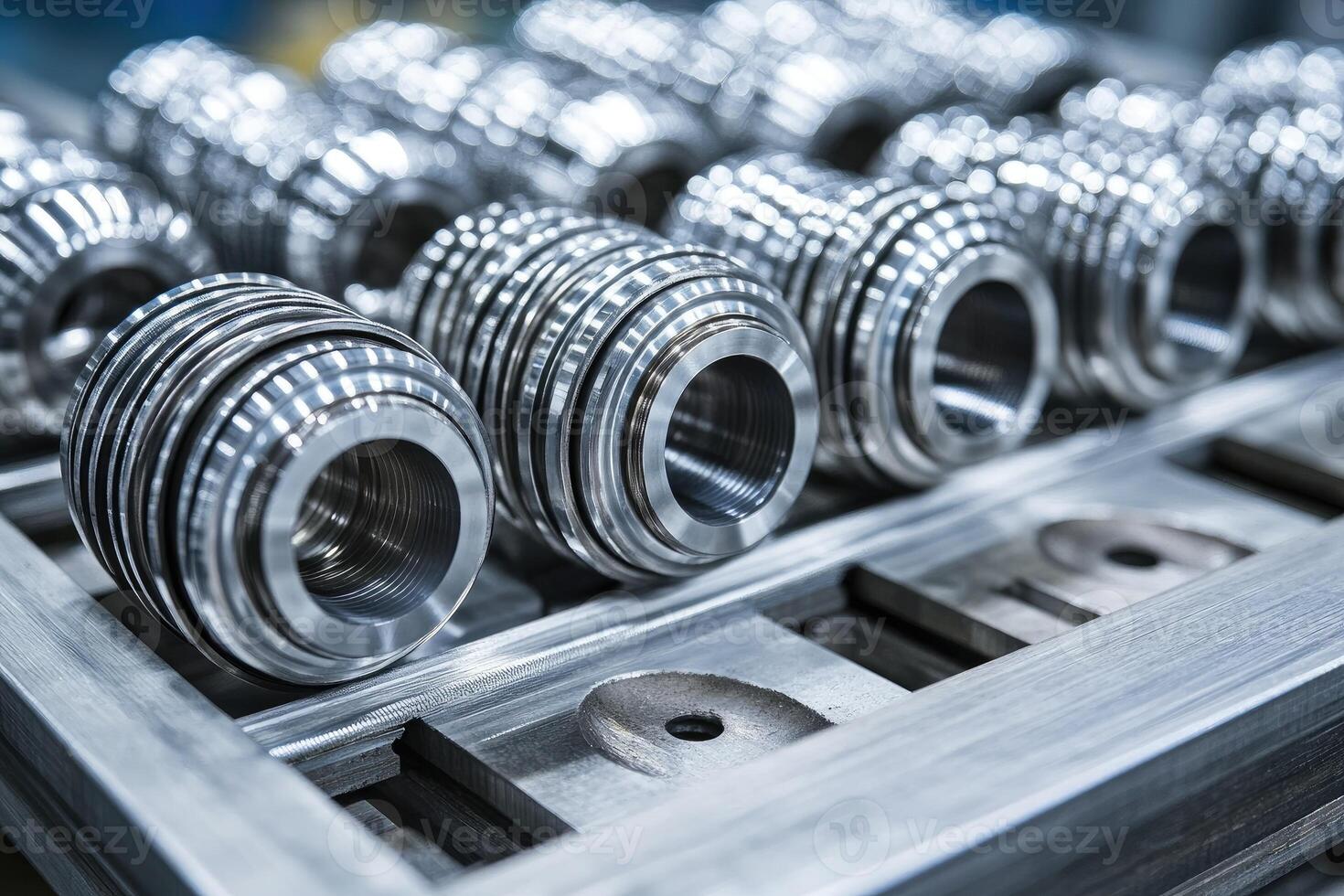 Shiny metal cylindrical components resting on metal rack in factory setting photo