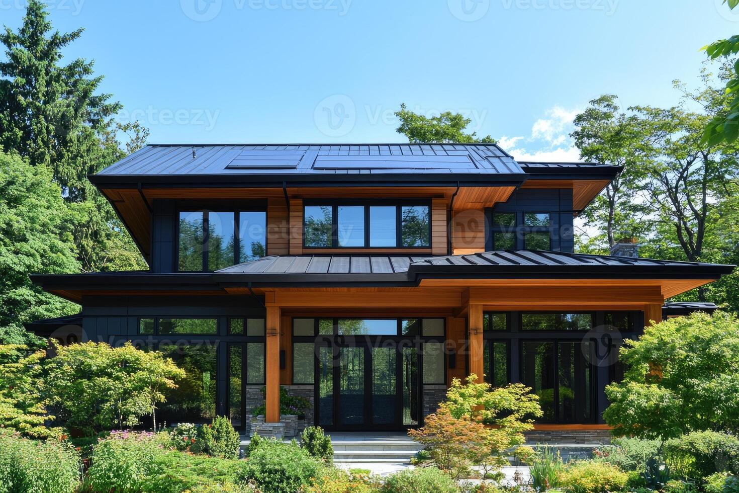 Modern sustainable house with solar panels showing environmental awareness photo