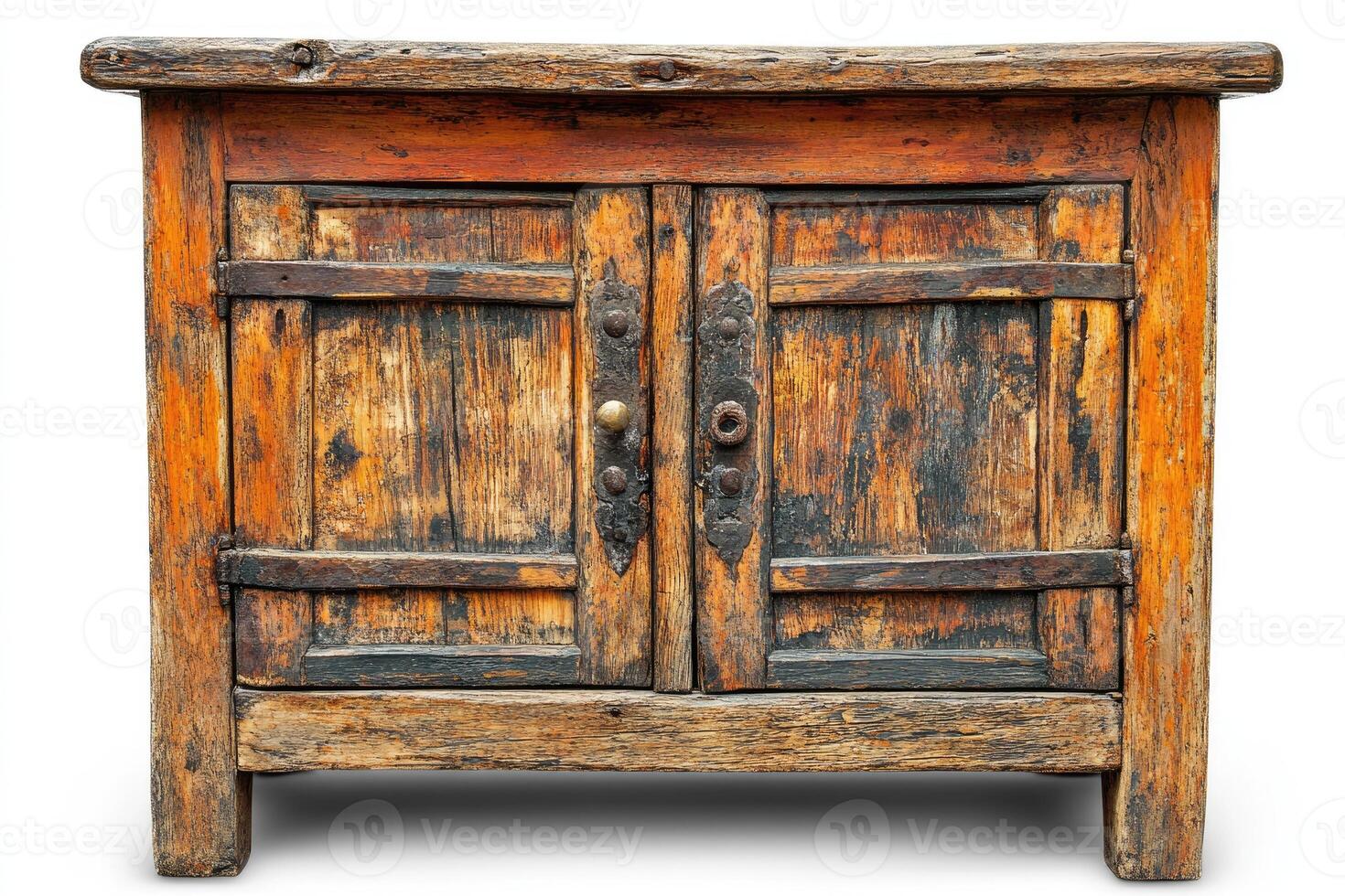 Antique wooden cabinet showing signs of age and wear with metal hinges and clasp photo