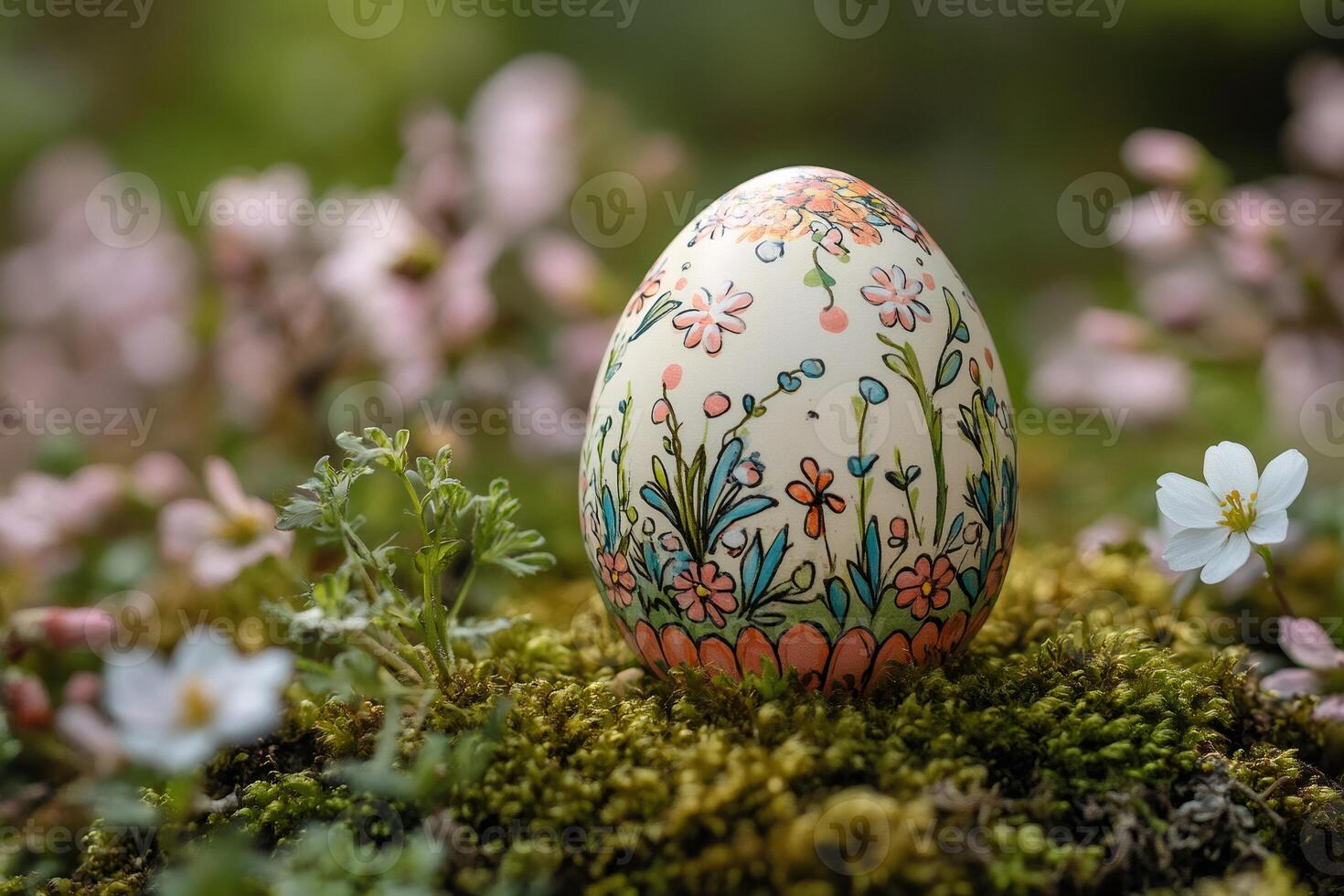 Hand-painted easter egg resting on moss in a blooming garden photo