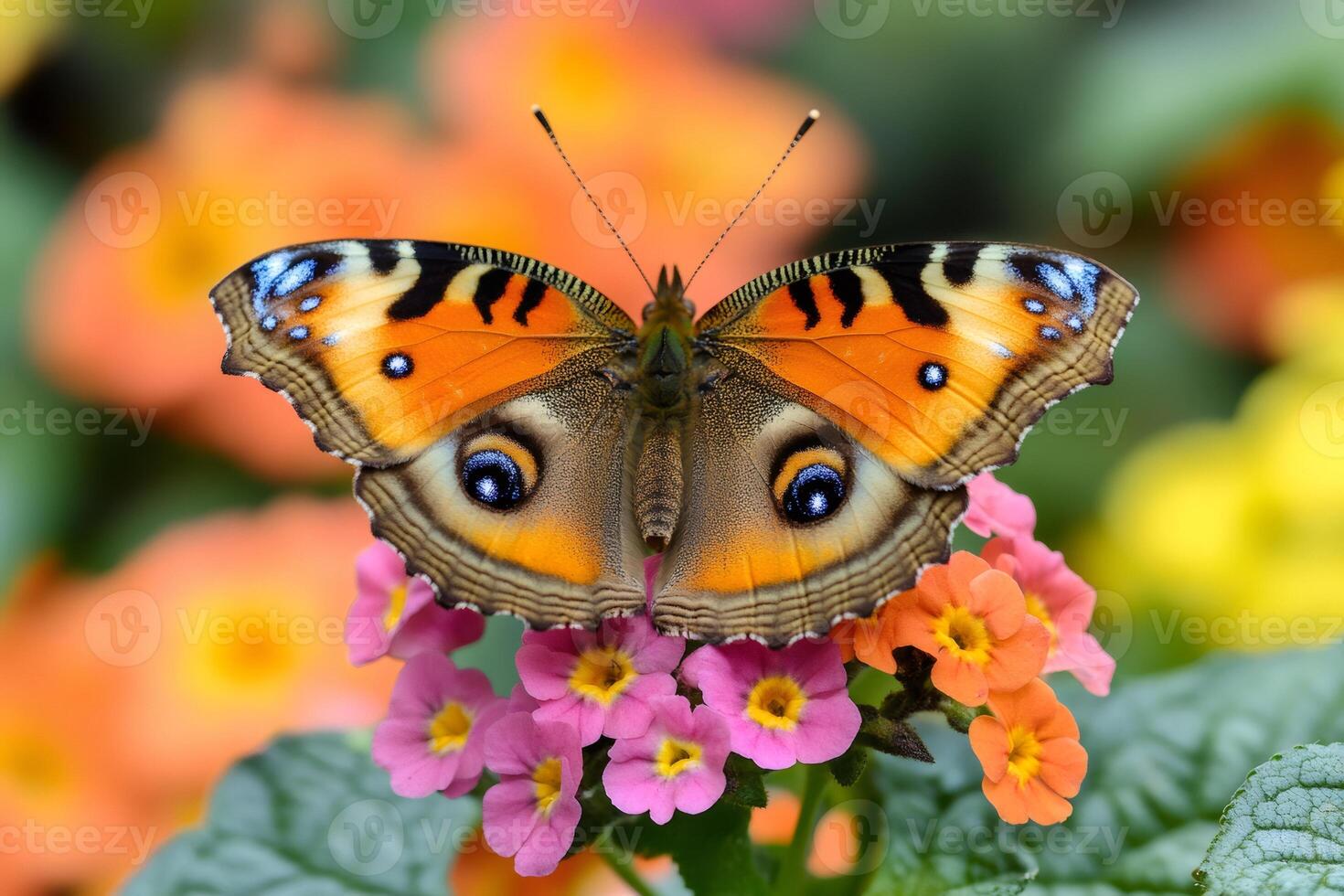 Peacock butterfly standing on colorful lantana camara flowers photo