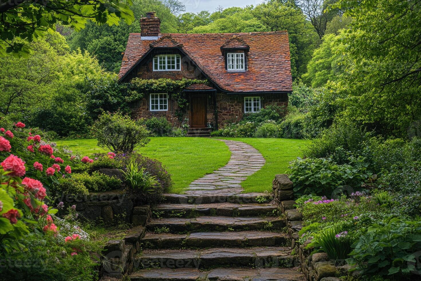 Stone cottage nestled in lush garden with blooming flowers and winding path photo
