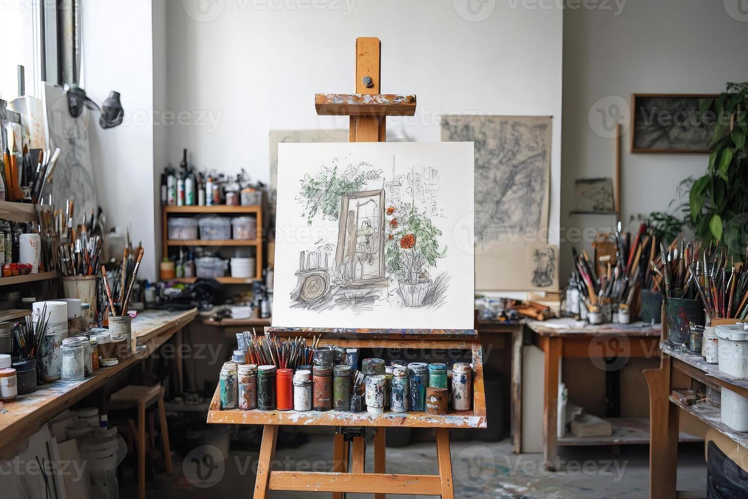 Painting on easel showing lush greenery in art studio setting photo