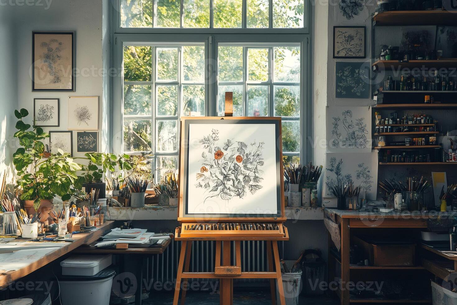 Botanical illustration displayed on easel in art studio with natural light photo