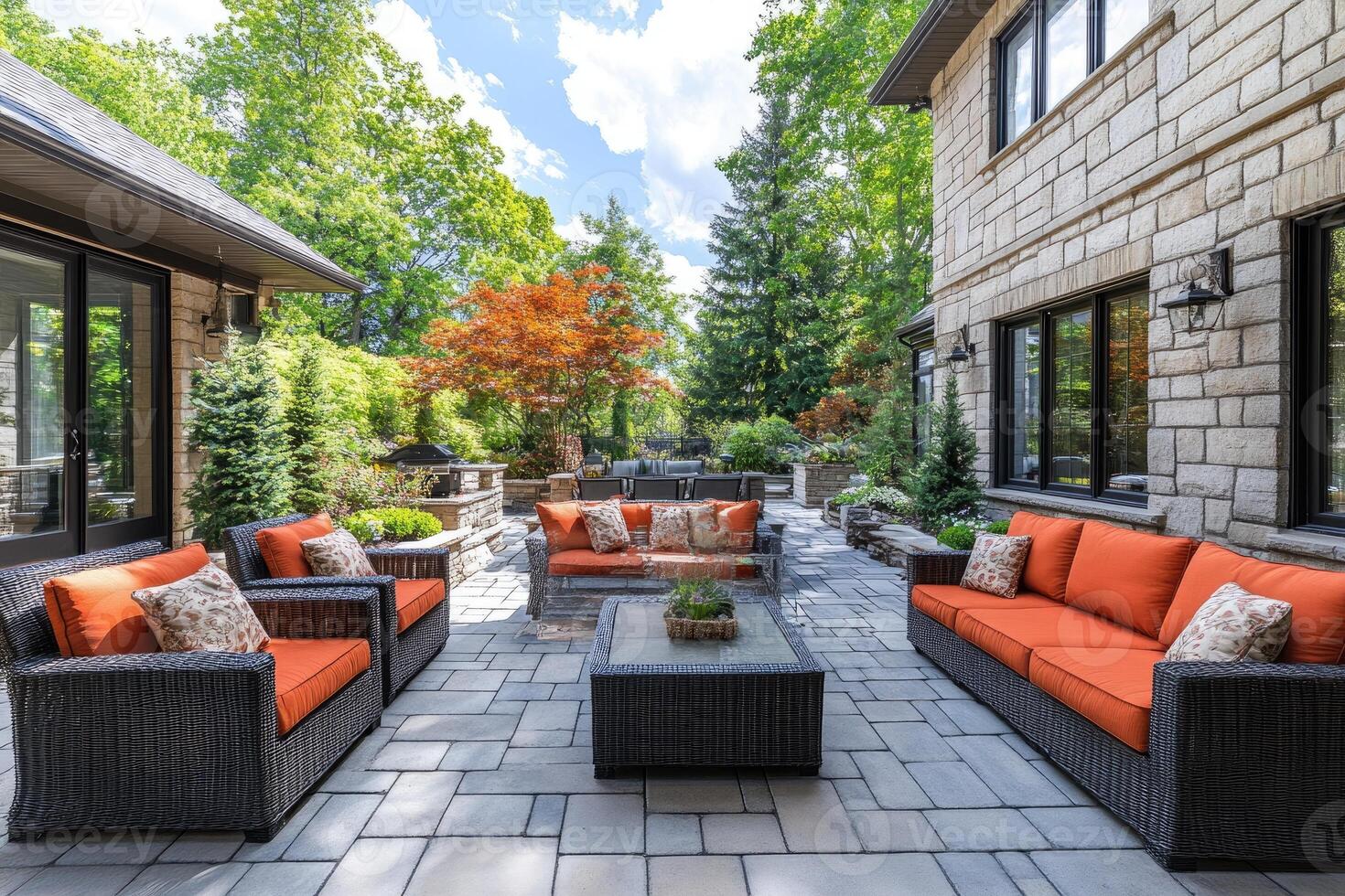 Elegant backyard patio featuring comfortable seating and lush greenery photo