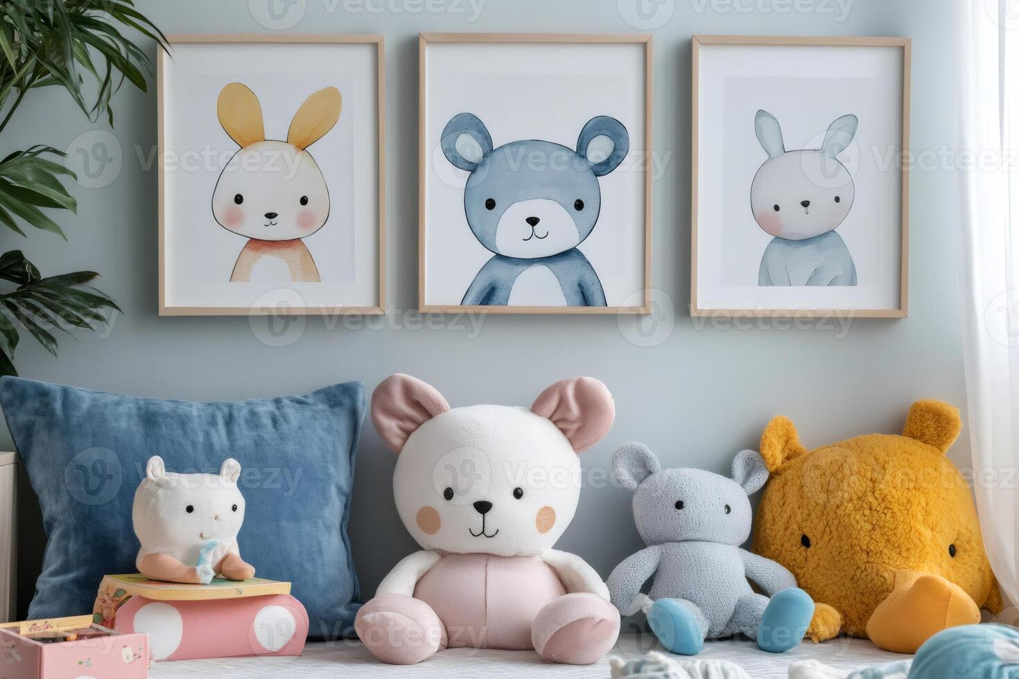 Adorable child's room decor featuring plush animals and watercolor paintings photo