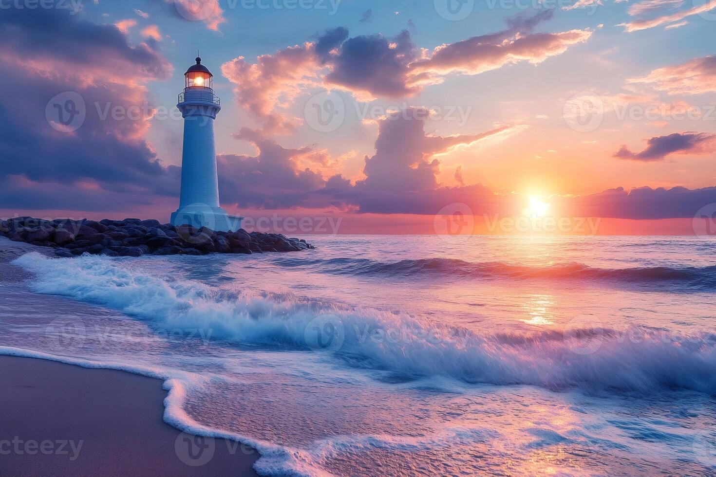 Lighthouse illuminating the dramatic sunset over a rocky coastline photo