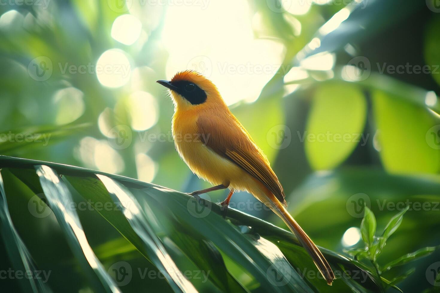 Naranjero bird perching on palm leaf in lush tropical rainforest photo