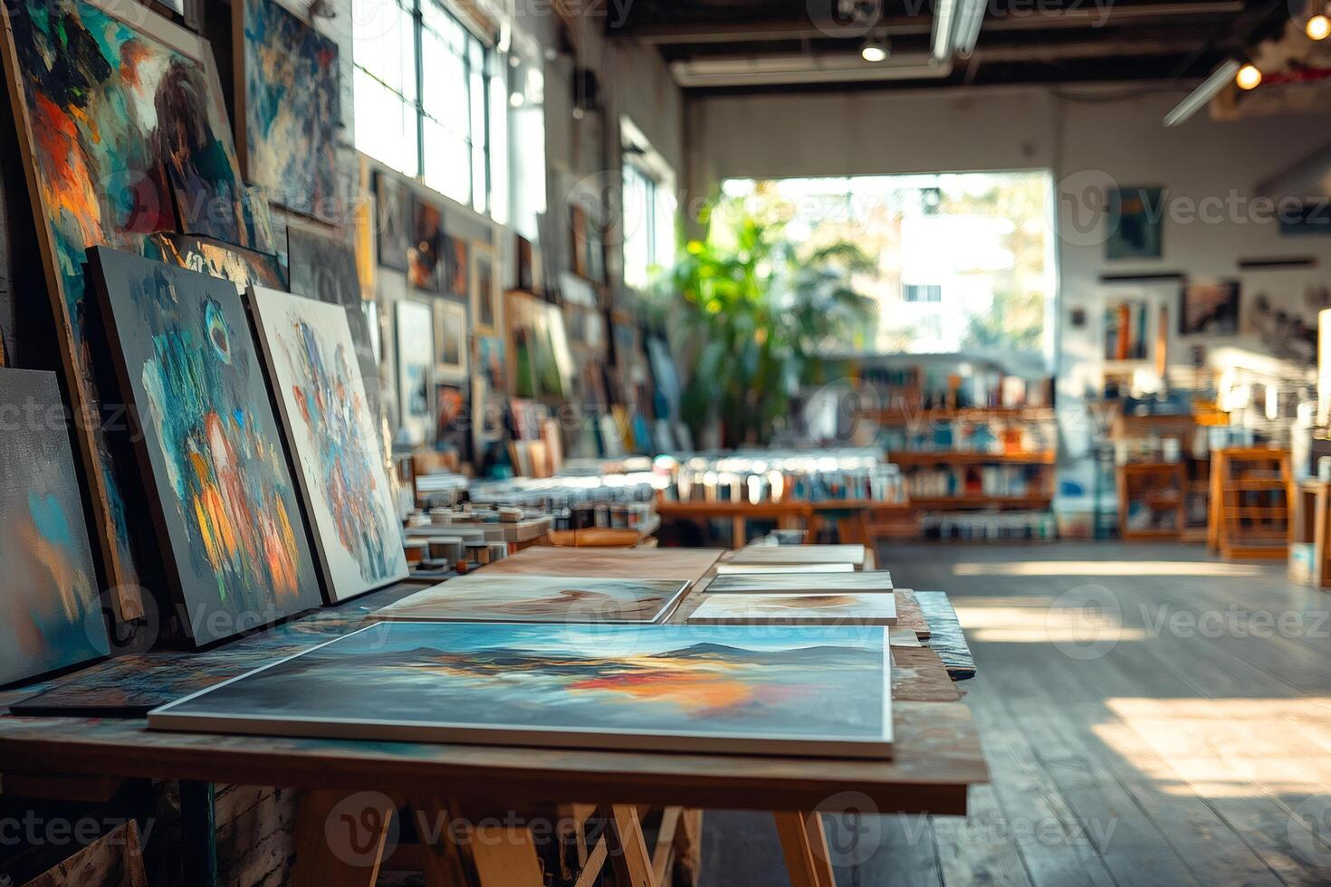 Art gallery displaying colorful abstract paintings on easels and tables photo