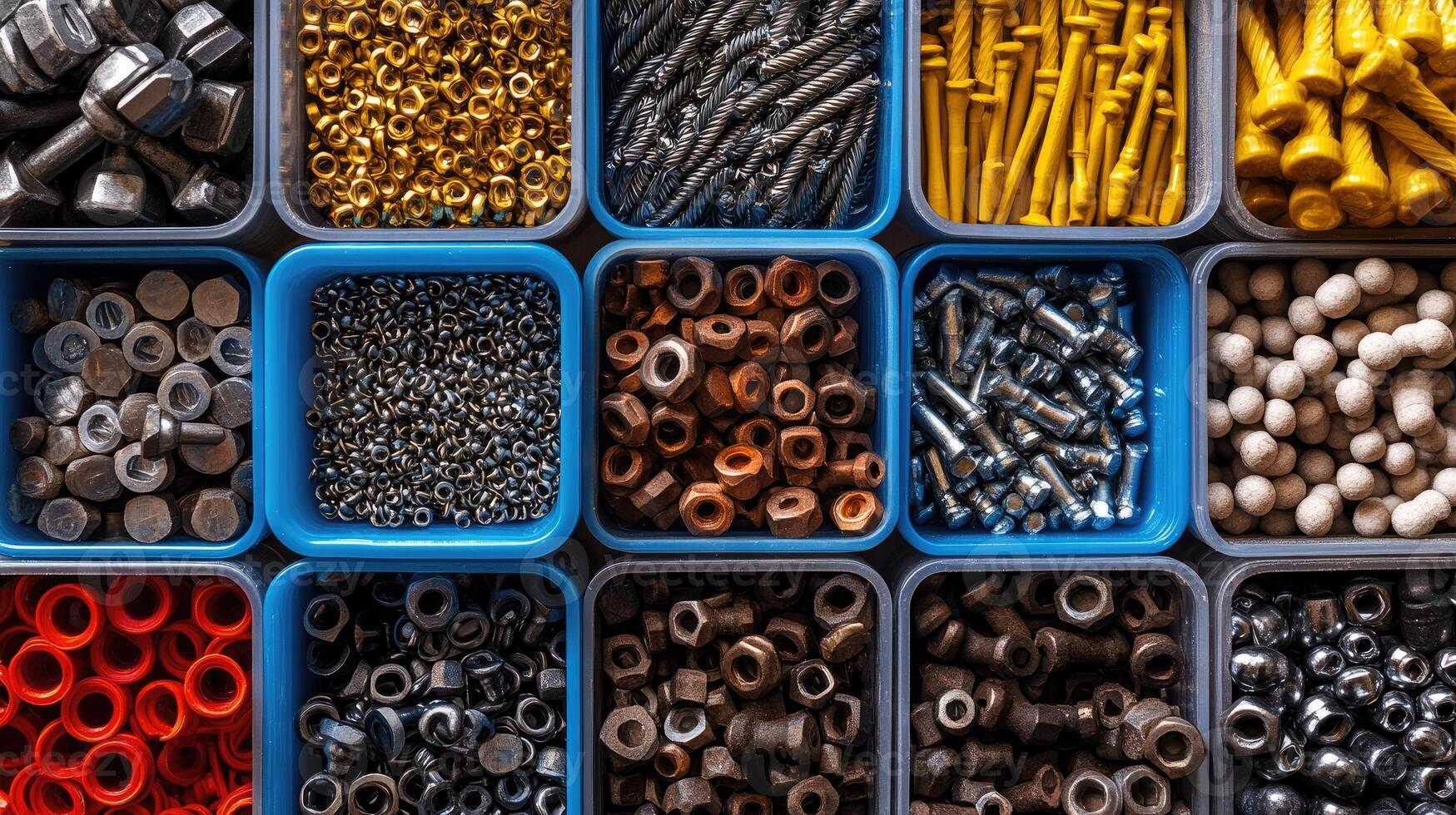 Hardware store organizing small metal parts in plastic containers photo