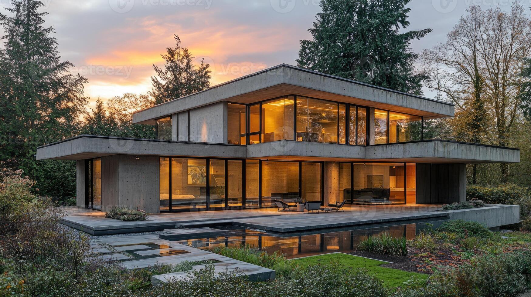Modern concrete house with illuminated interior at sunset in wooded area photo