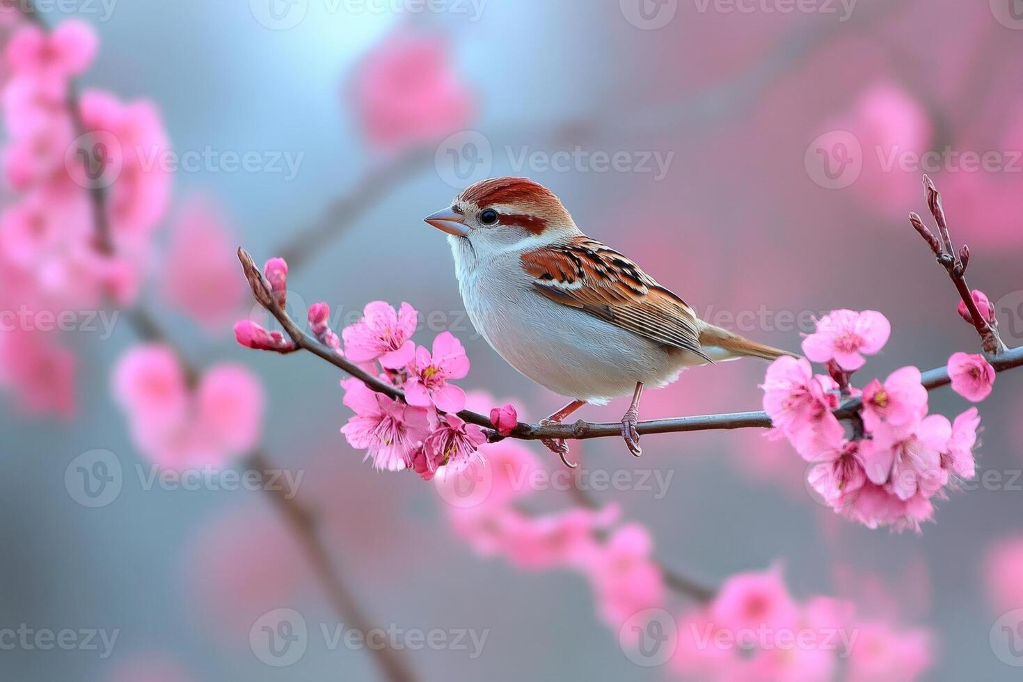 American tree sparrow perched on blooming branch in spring photo