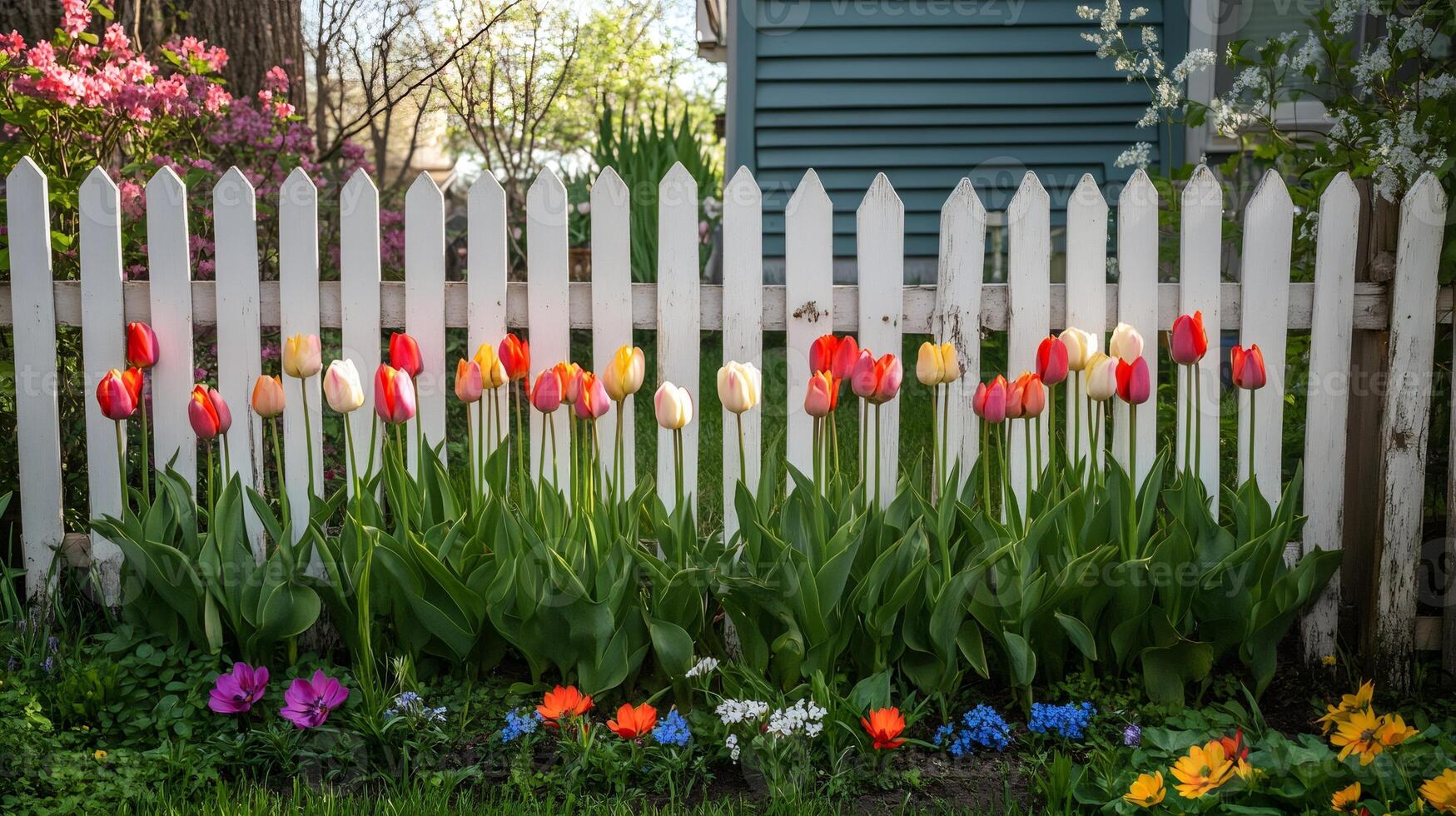 Colorful tulips growing along white picket fence in spring garden photo