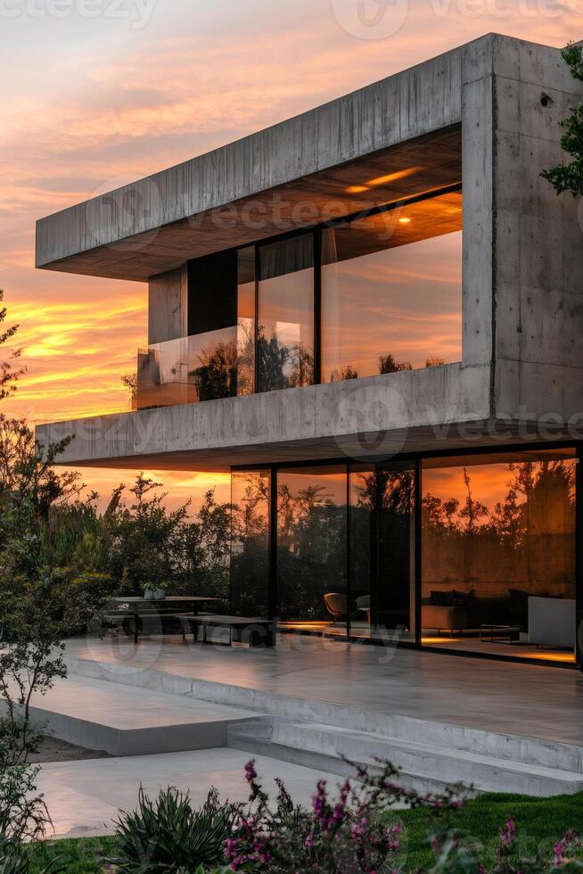 Modern concrete house exterior reflecting orange sunset sky in large windows photo
