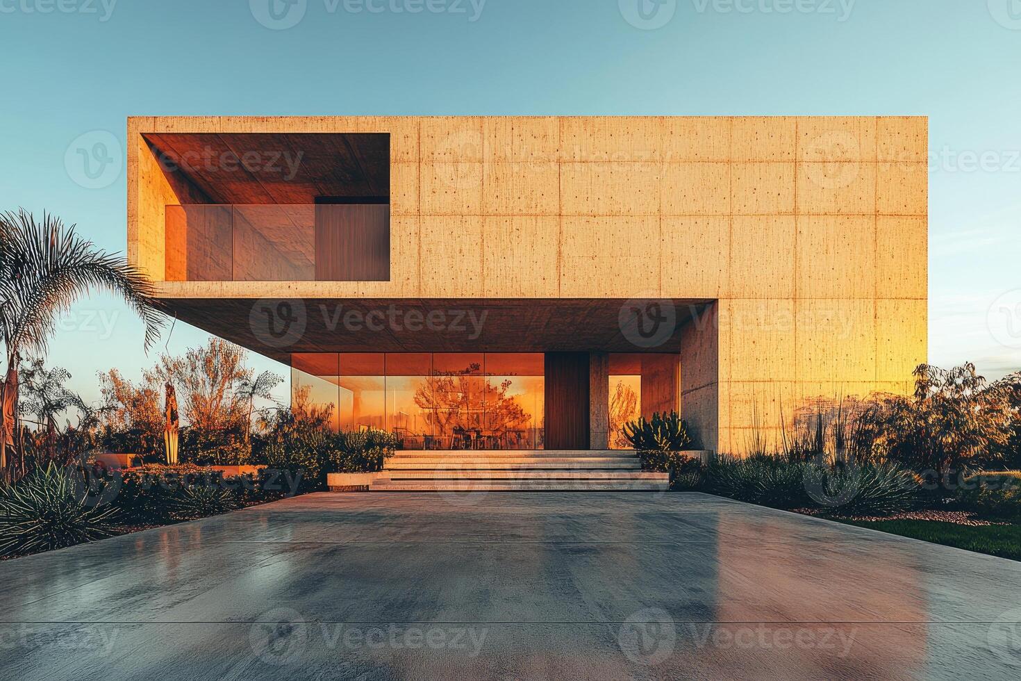 Modern concrete house with large glass windows at sunset photo