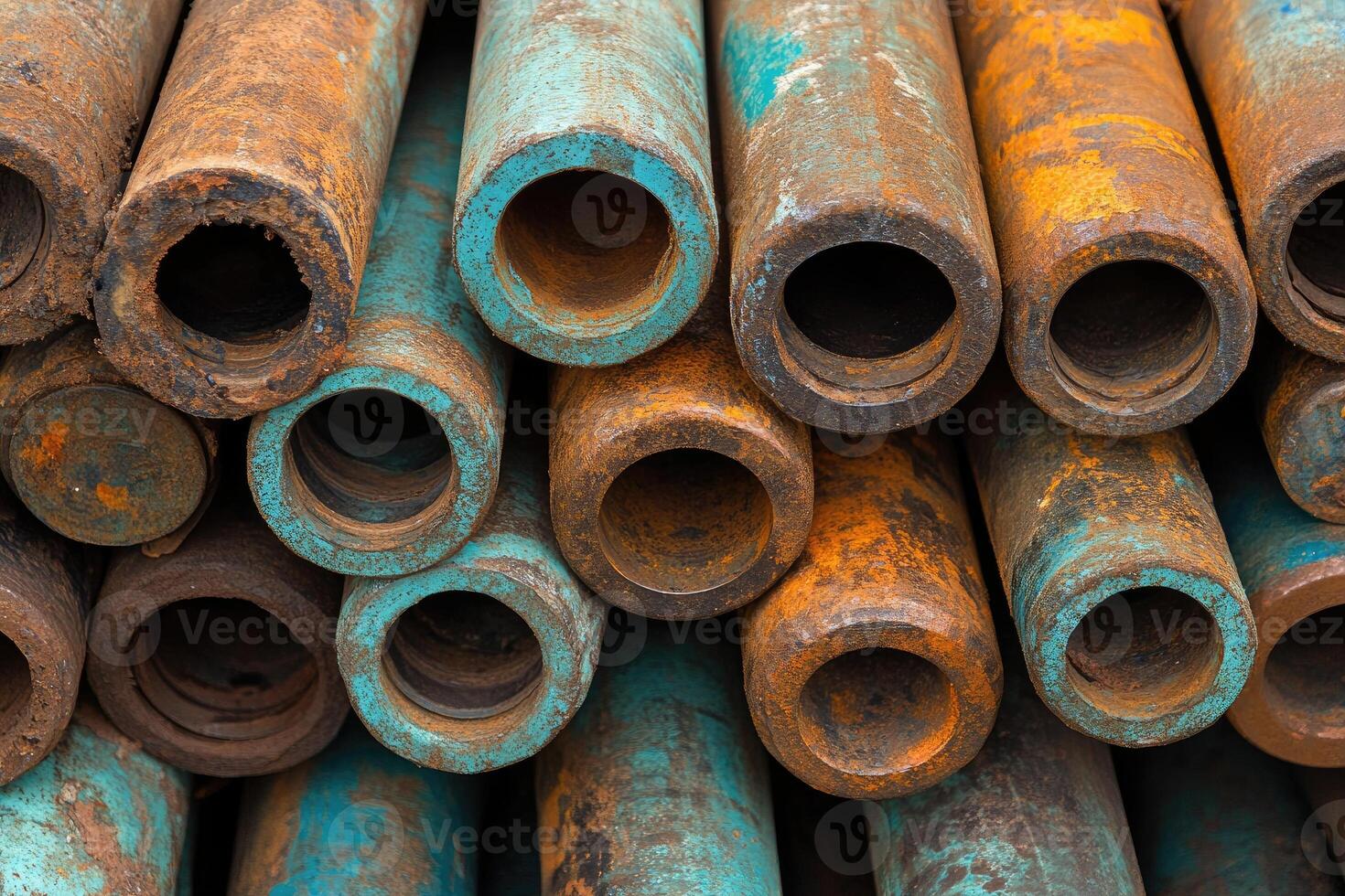 Stack of rusty industrial pipes showing signs of corrosion and teal paint photo