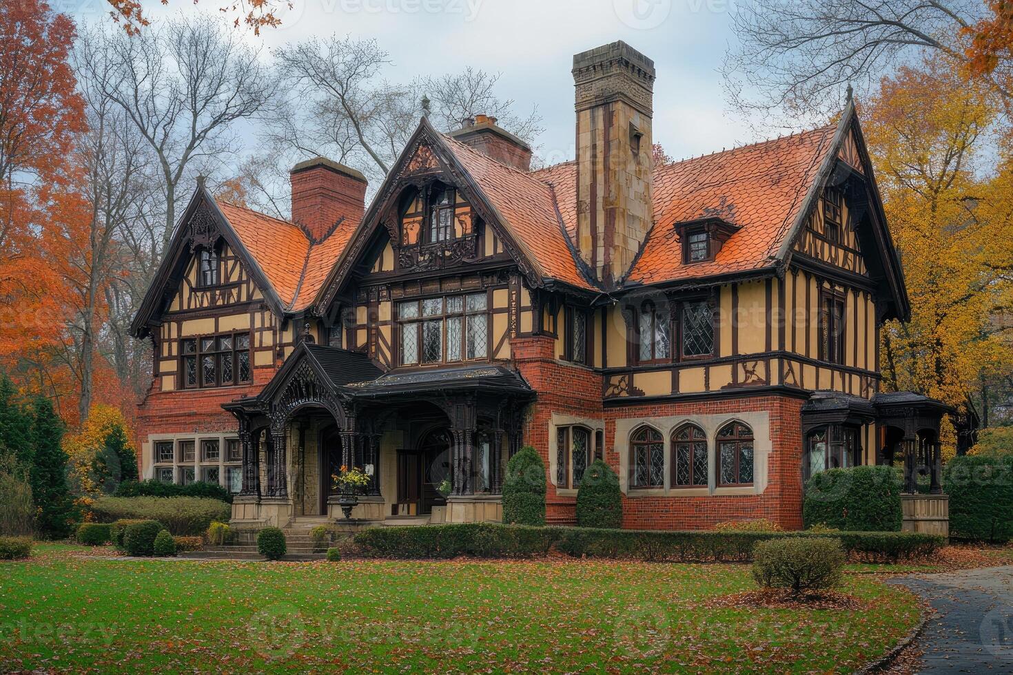 Tudor revival mansion exhibiting intricate details and autumn foliage photo
