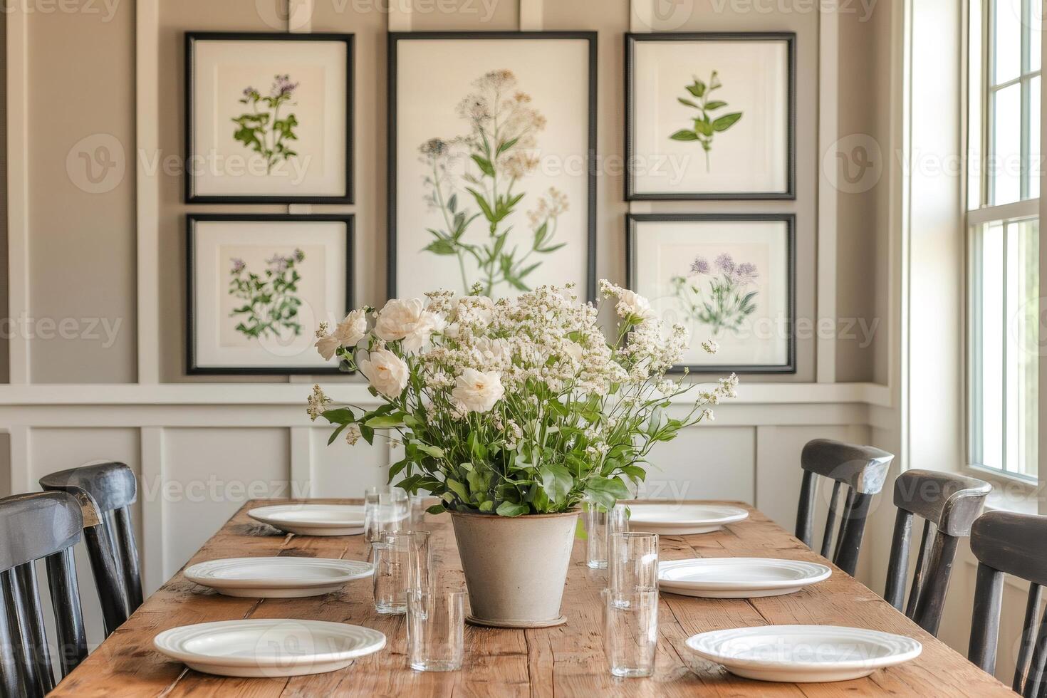 Dining room table decorated with fresh flowers and botanical prints photo