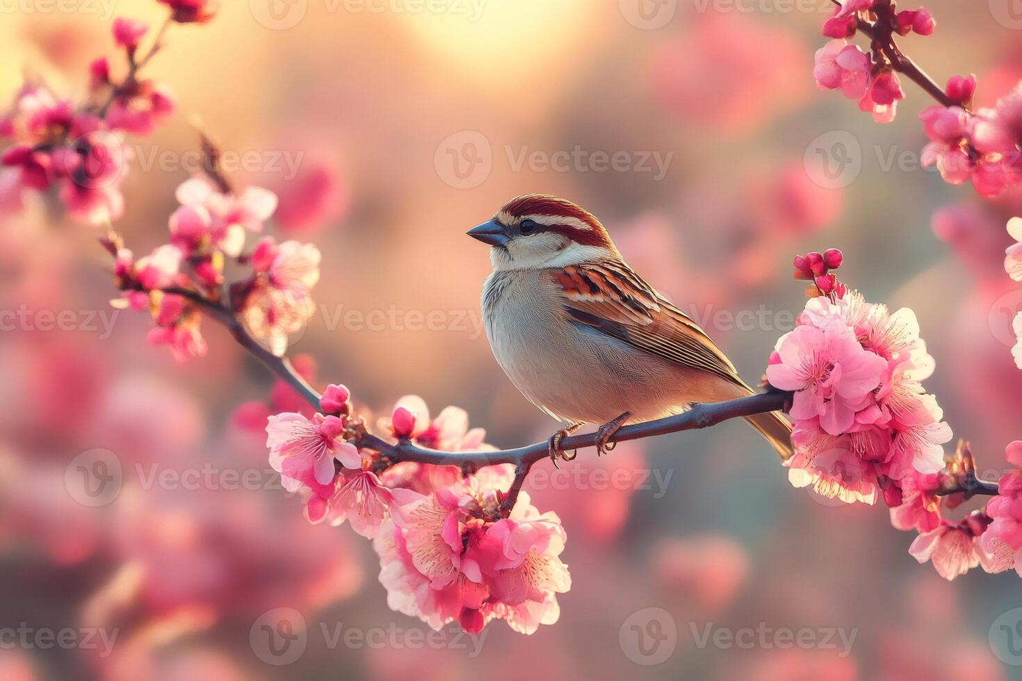 Eurasian tree sparrow perched on a flowering branch in spring photo