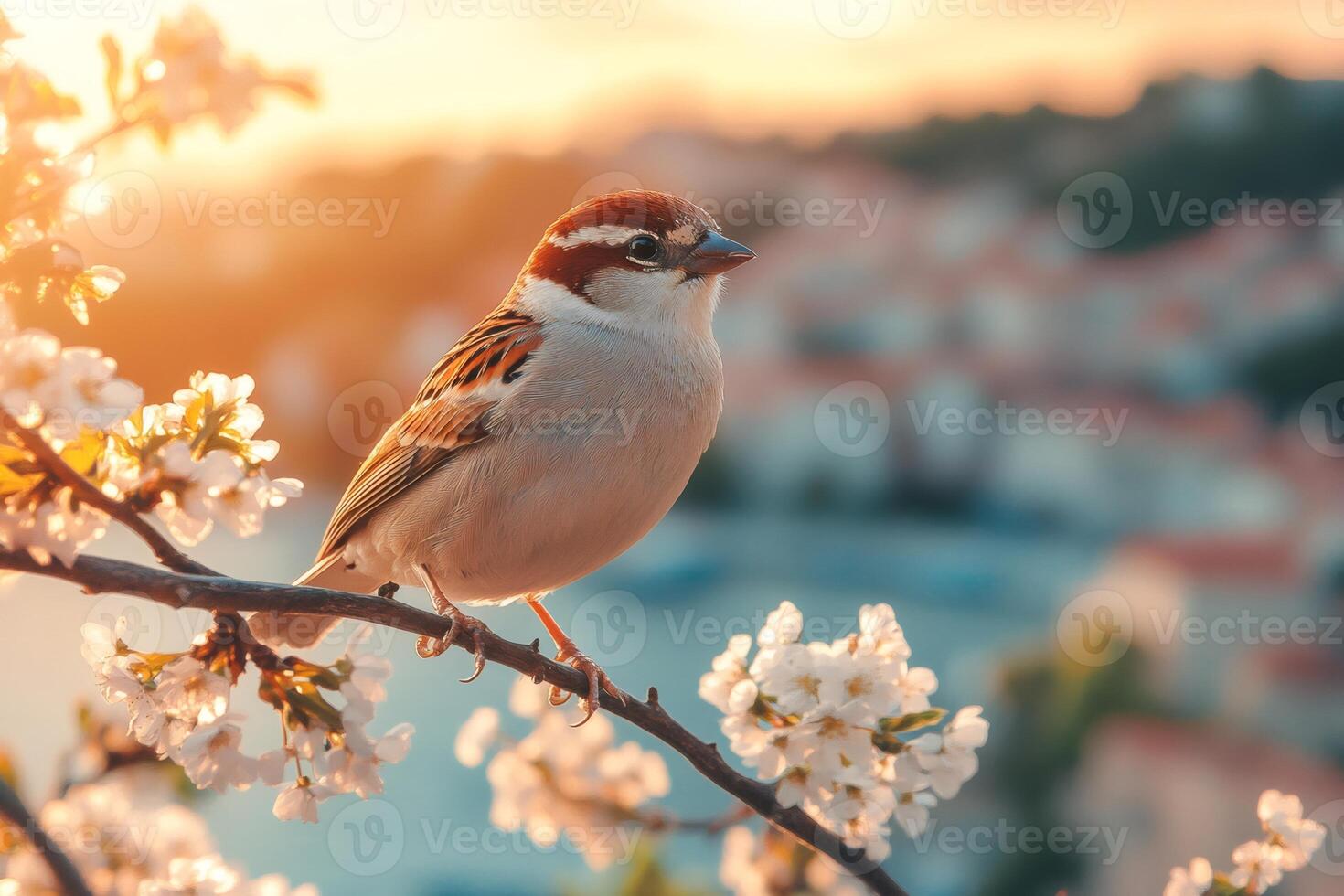 Beautiful sparrow perched on blooming cherry tree branch at sunset photo