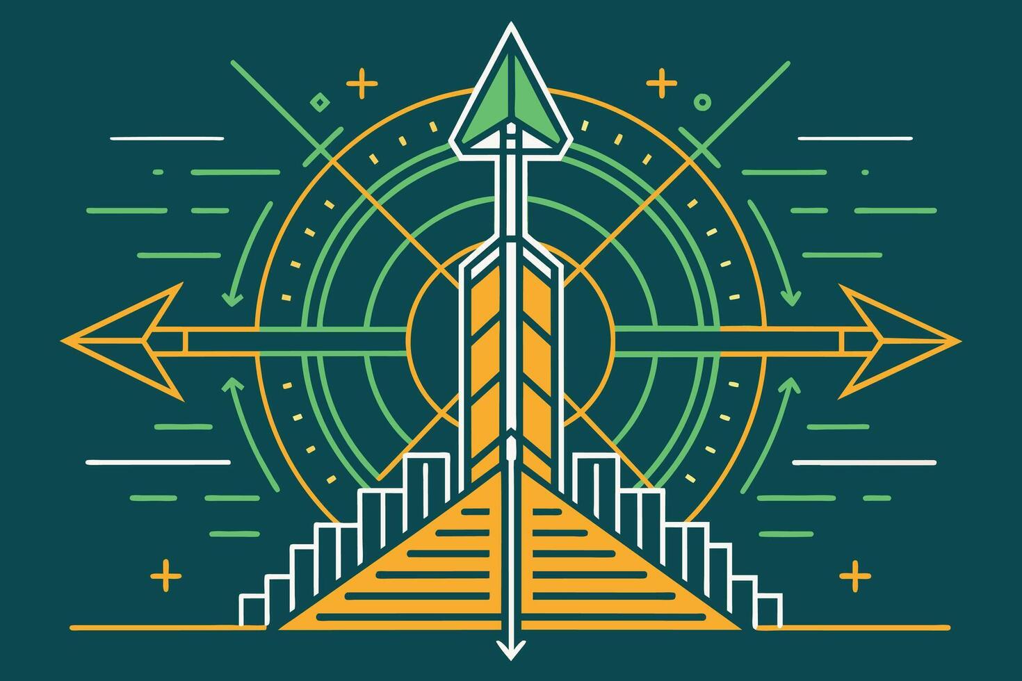 An arrow pointing up and arrows pointing down vector