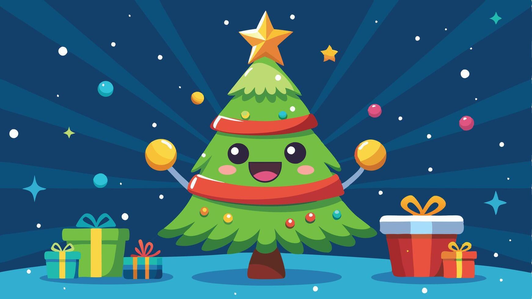 A christmas tree with presents and a happy face vector