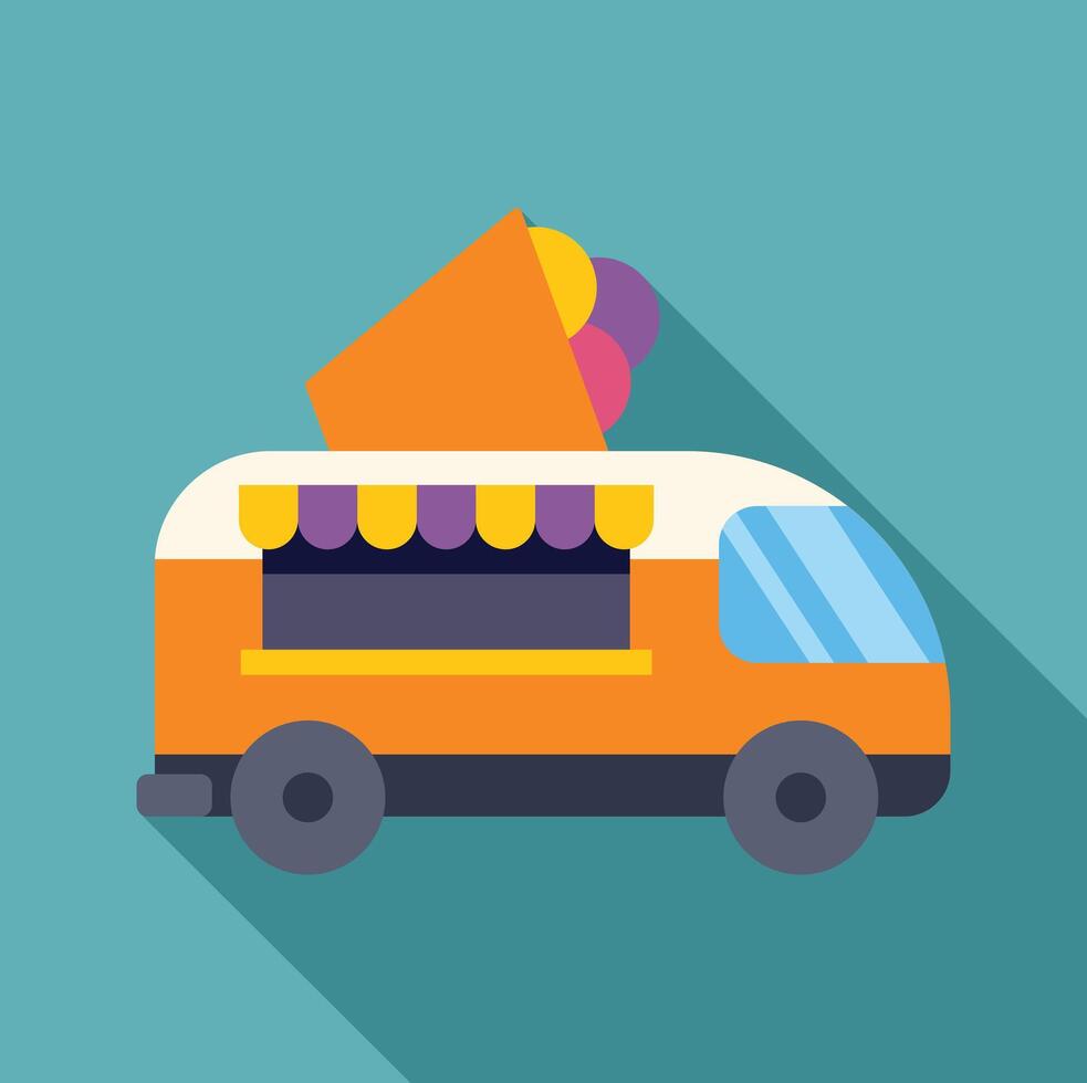 An orange food truck icon with a long shadow vector