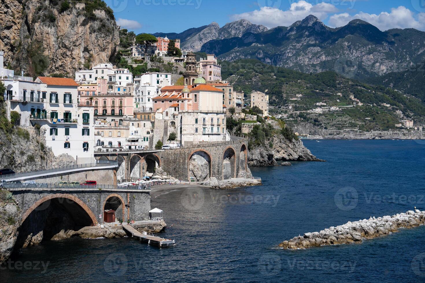 View of Atrani Amalfi Coast with scenic buildings and cliff, Campania, Italy. photo