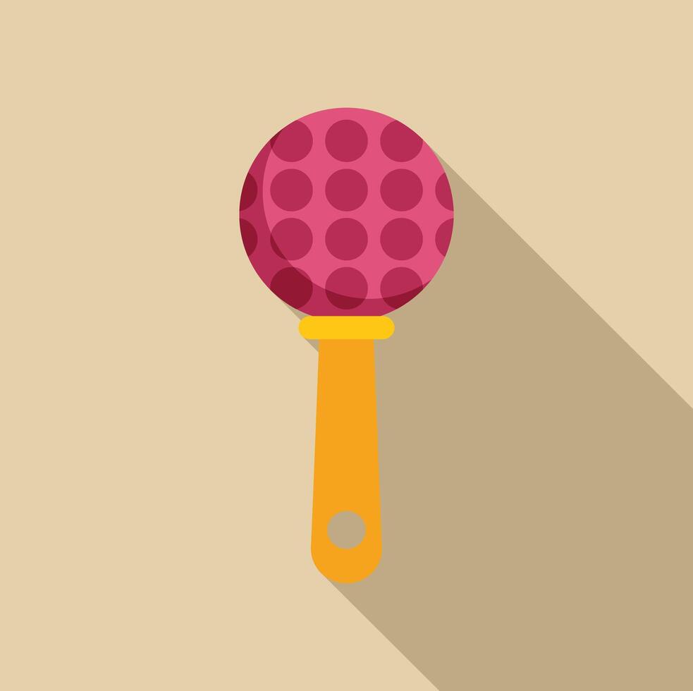 Pink baby rattle with dots and orange handle on beige background vector