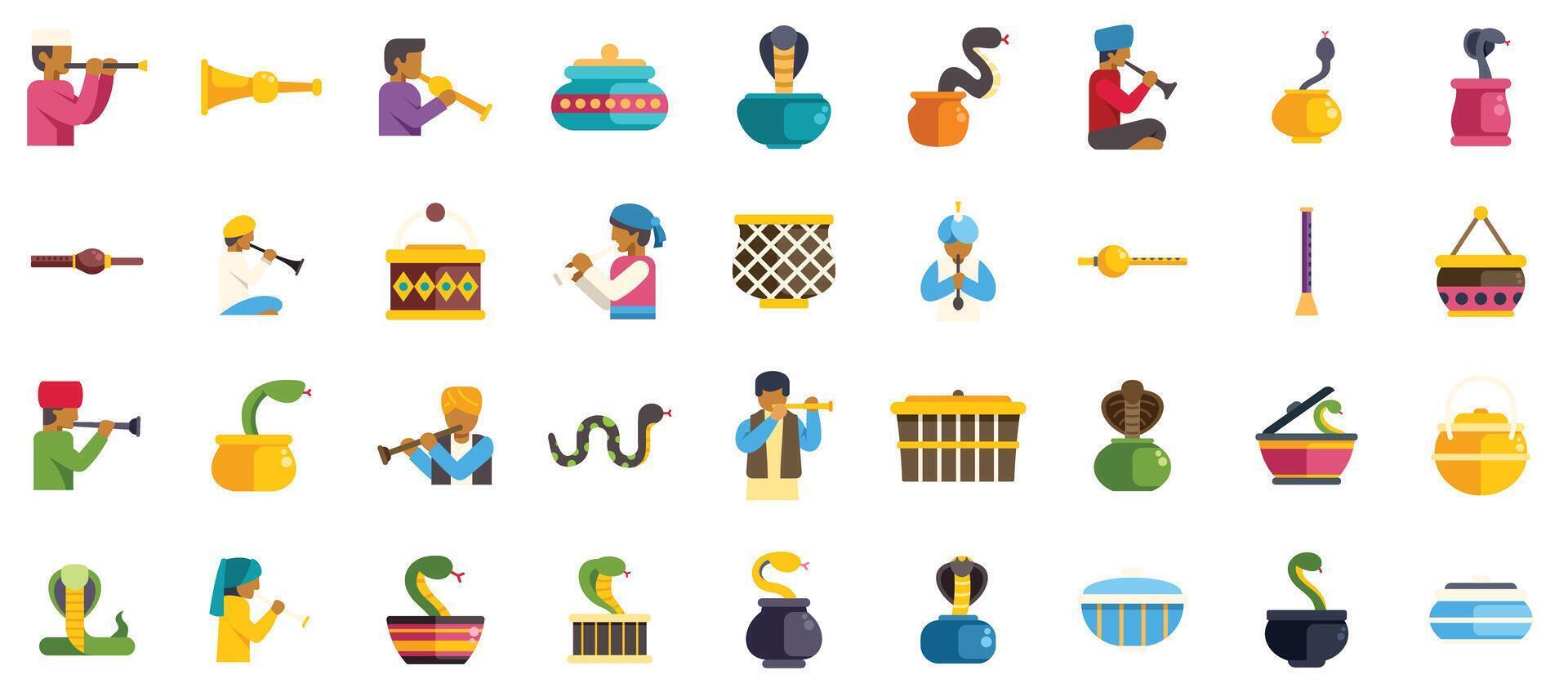 Indian snake charmers playing pungi and charming cobras in baskets vector