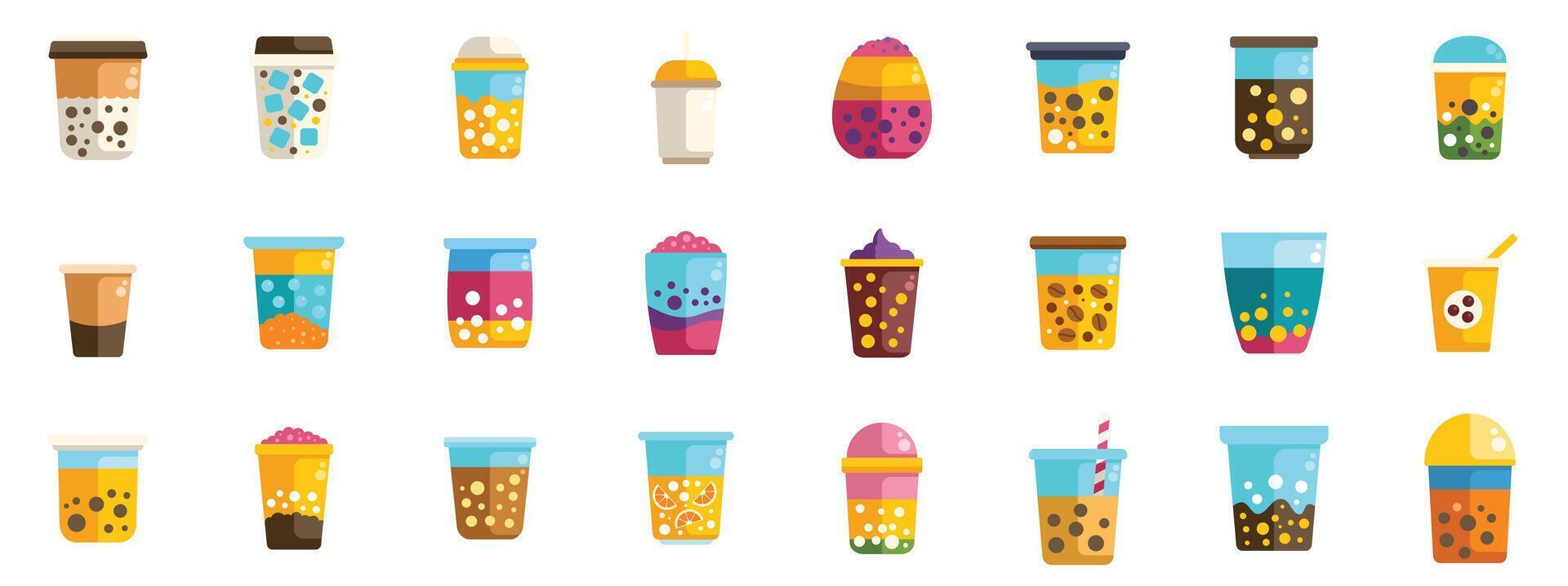 Bubble tea cups icons showing refreshing tropical drinks vector