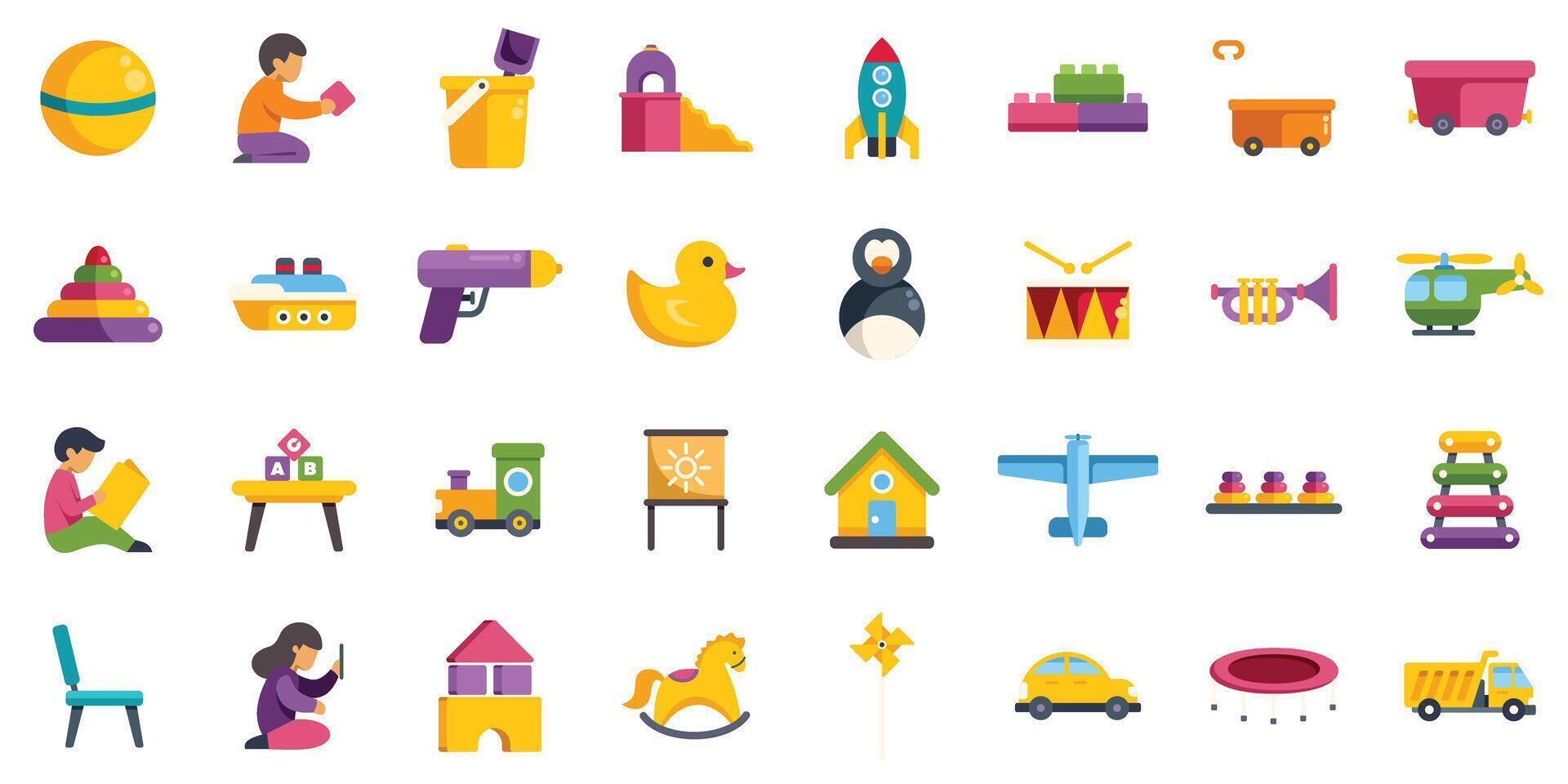 Colorful toys icons set featuring ball, rocket, and musical instruments for playful childhood vector