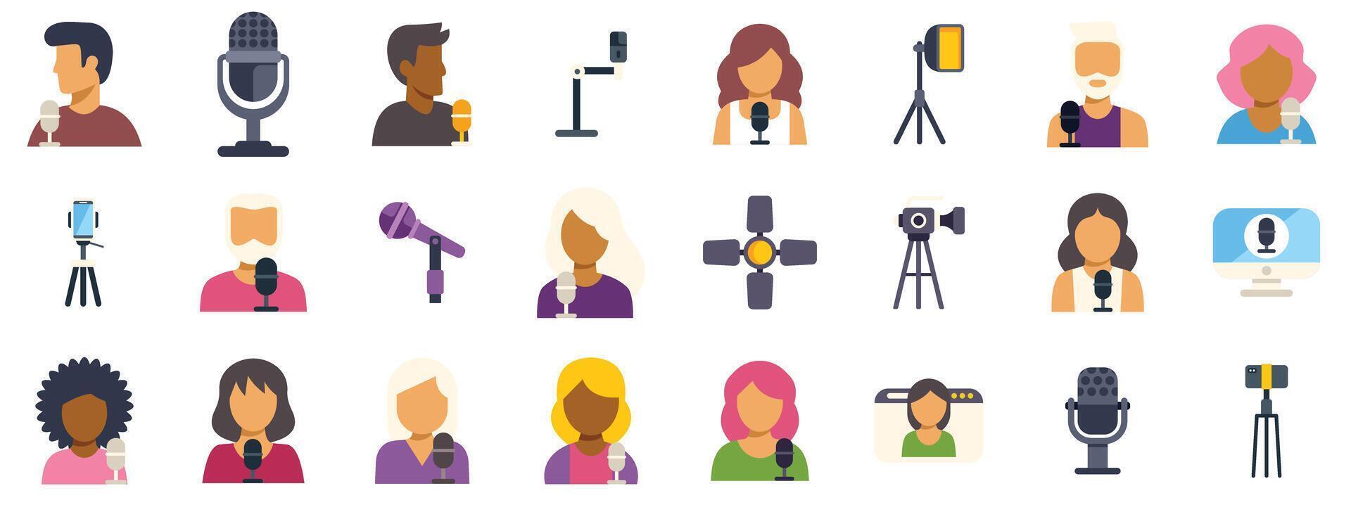 Podcasters and presenters recording audio content with professional equipment vector