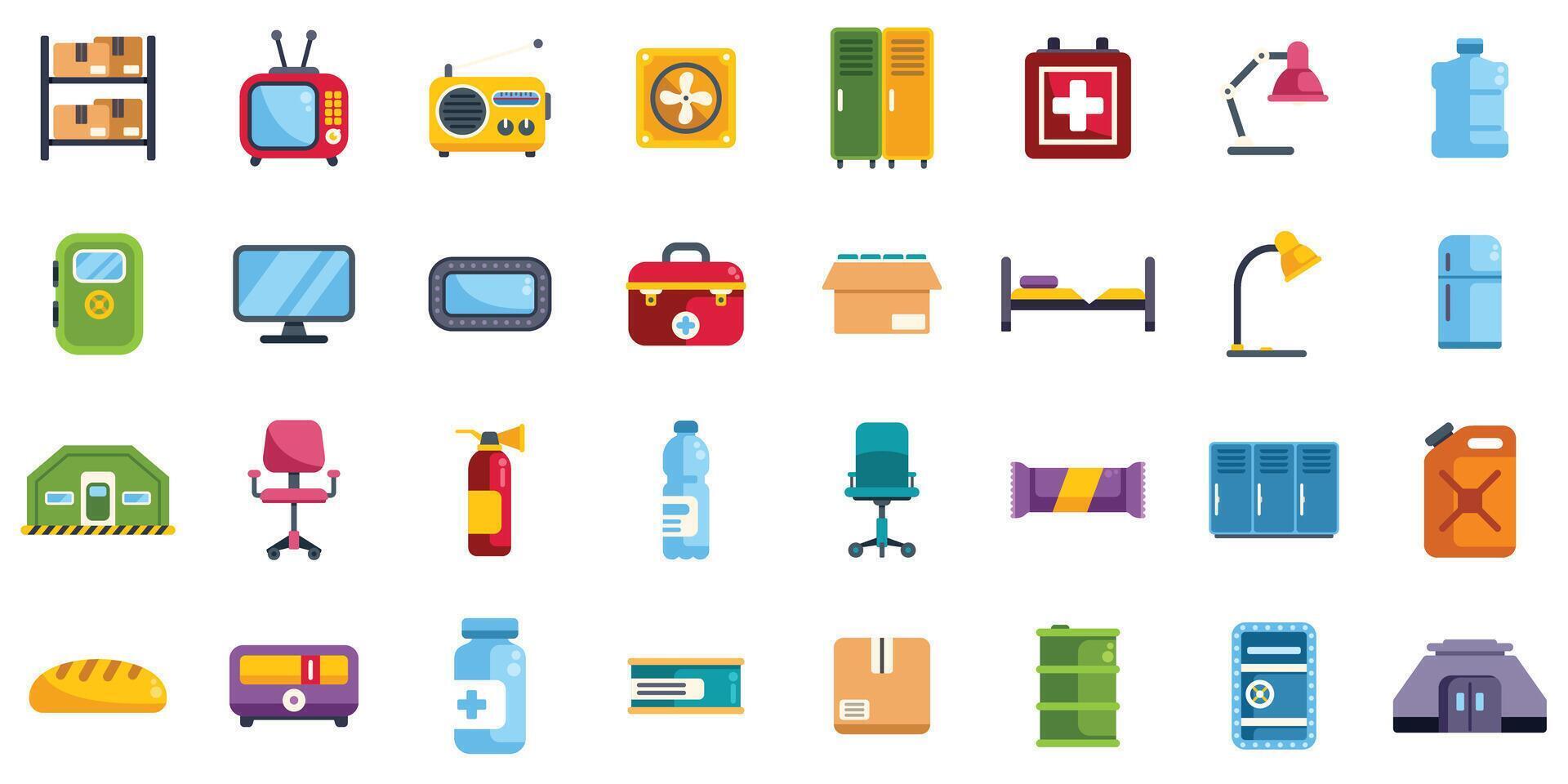 Bunker supplies icons showing food, furnishings, and emergency equipment vector