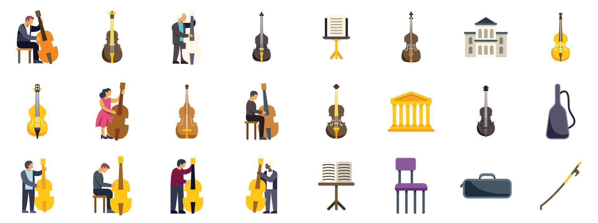 Musicians playing and holding double bass in orchestra, conservatory or music school vector
