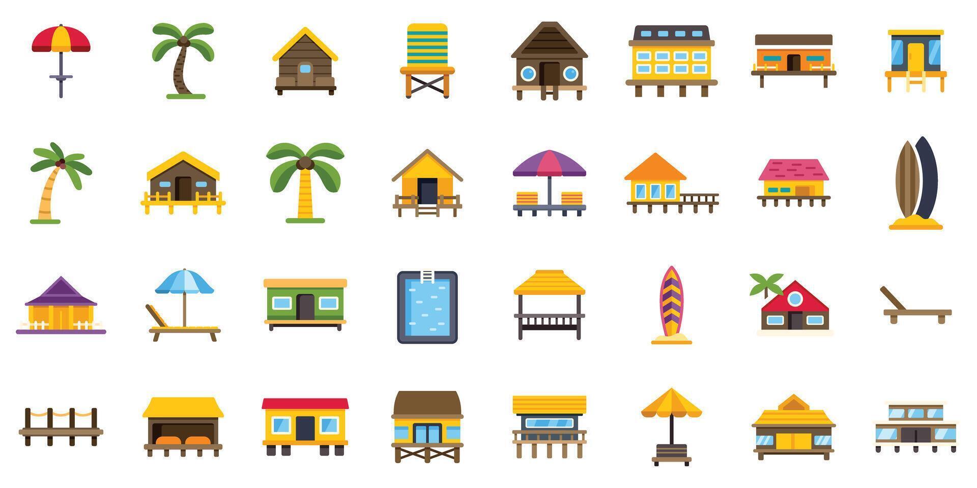 Bungalow icons representing tropical vacations and relaxation on the beach vector