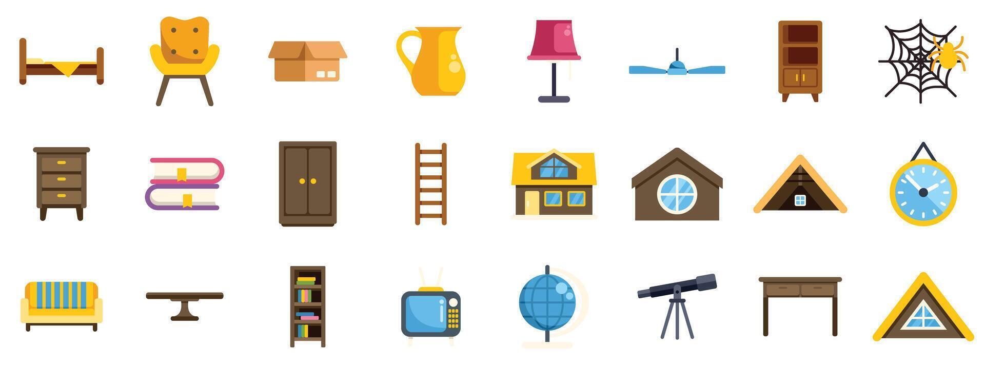 Attic furniture and objects icon set with various items related to home furnishings, storage, and attic spaces, perfect for interior design or home organization projects vector
