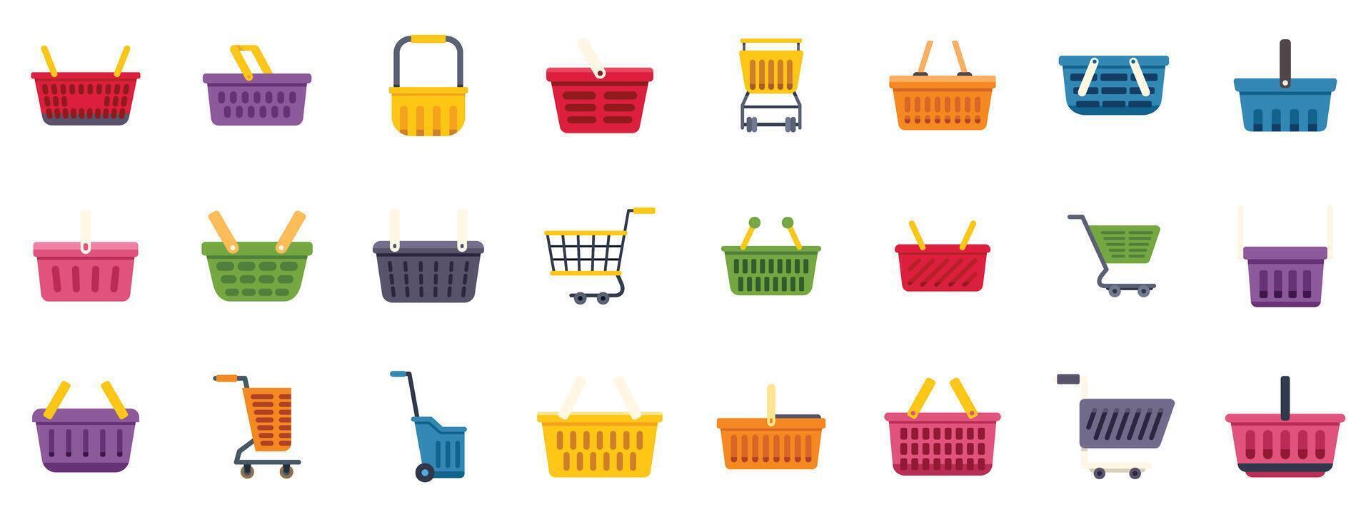 Shopping baskets and carts in various colors and designs for retail and commerce vector