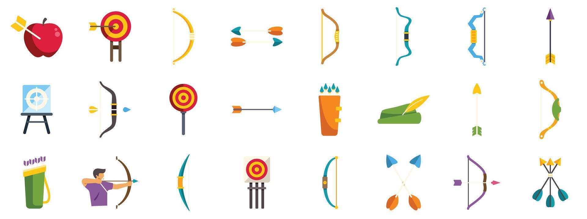 Archer aiming apple and target with bow and arrows icons set vector