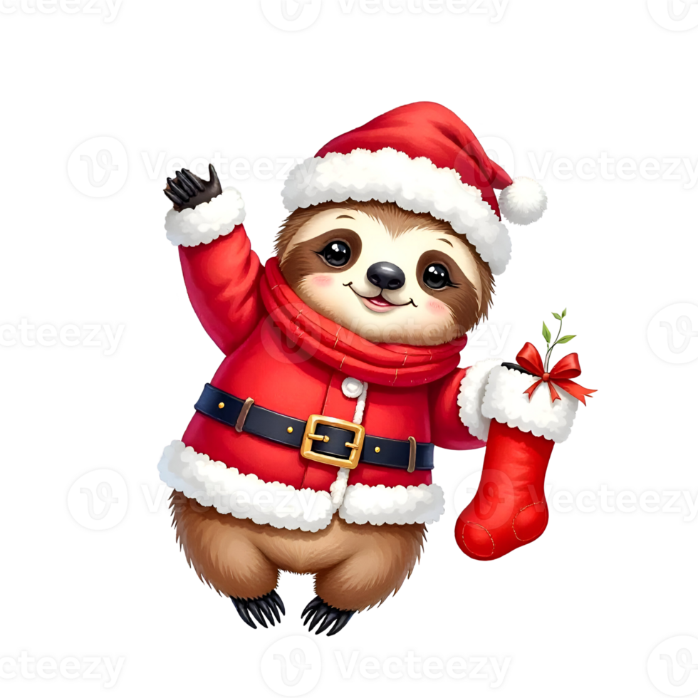A cute sloth in a santa hat holding a stocking png