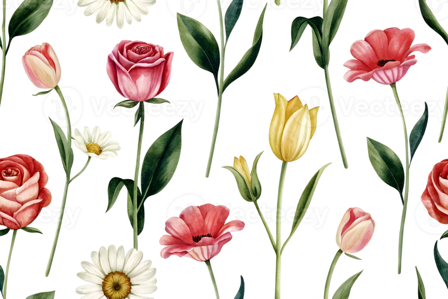 Bright and Cheerful Floral Design Featuring Multicolored Daisies in a Repeating Pattern png