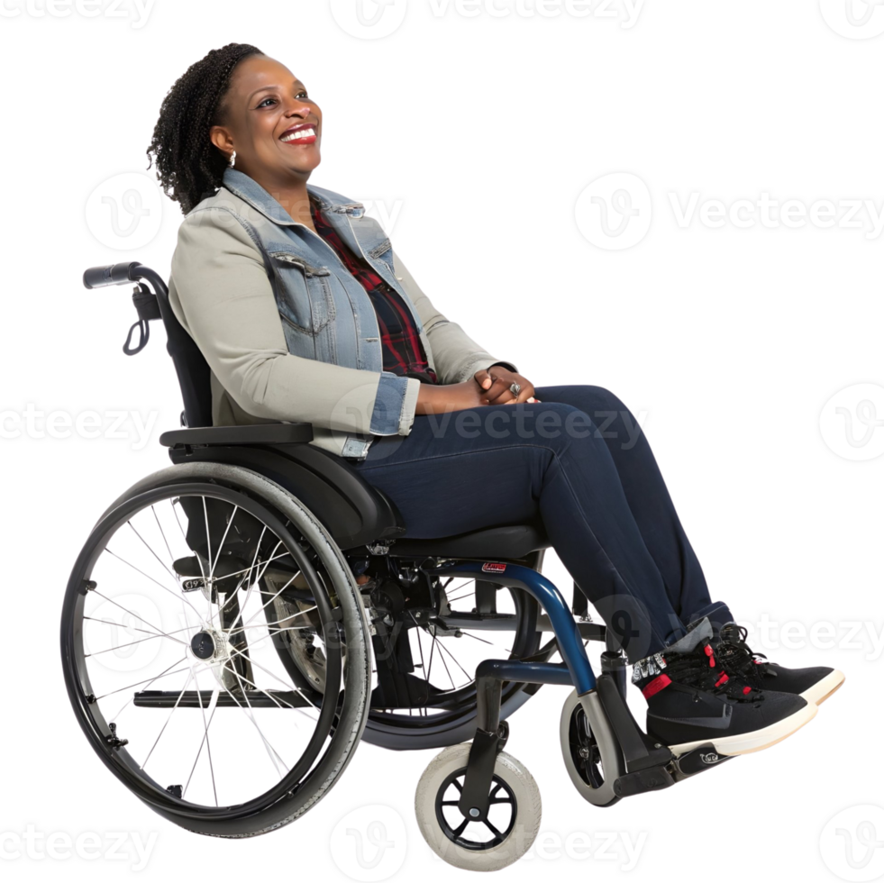 Woman sitting in a wheelchair smiling while wearing casual clothing in an indoor setting png